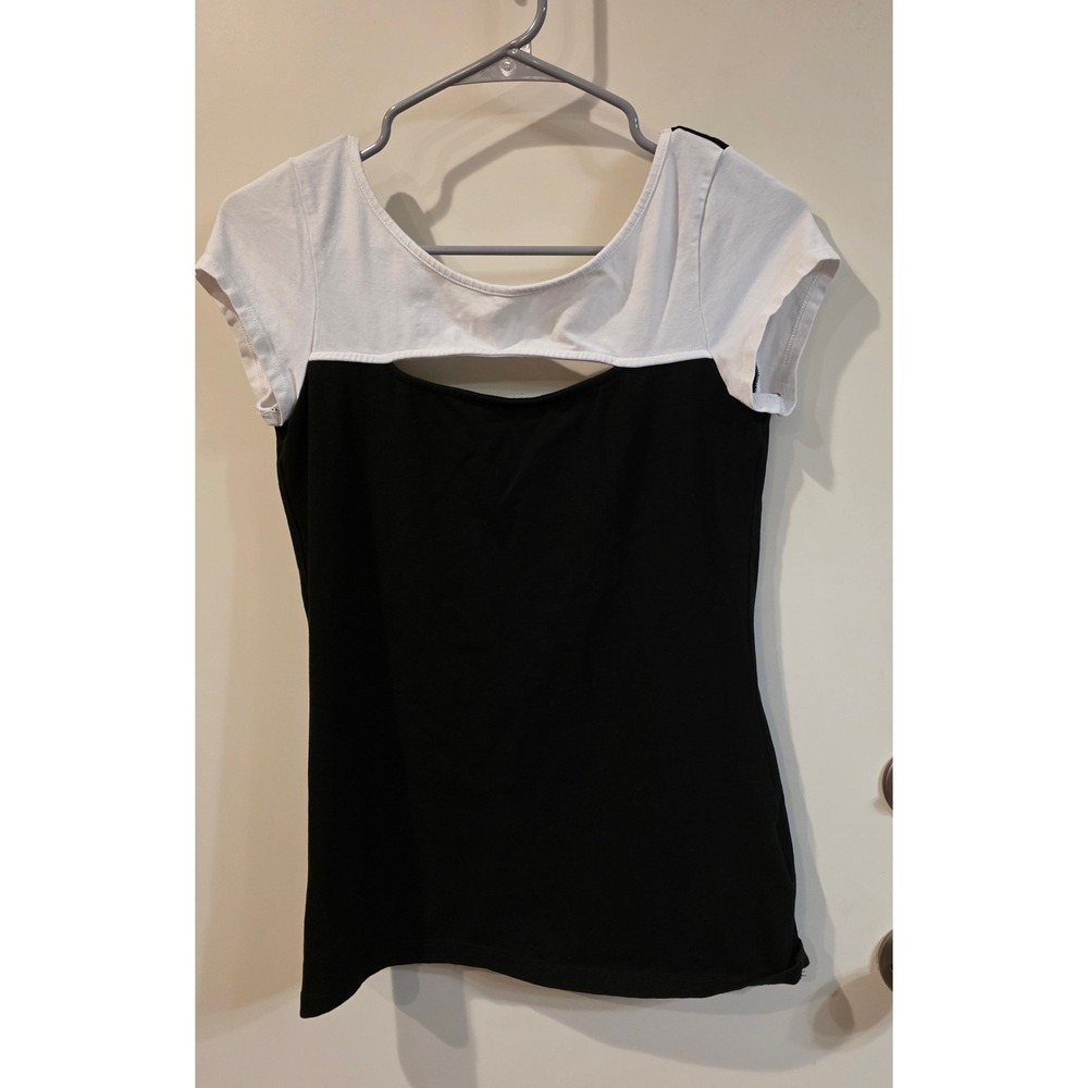 Guess Womens Black White Colorblock Cutout Scoop Back Short Sleeve Top Large